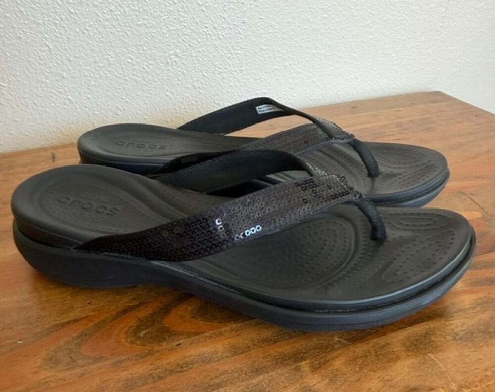 Crocs Sequin Black Flip Flop Sandals Women's Size 9